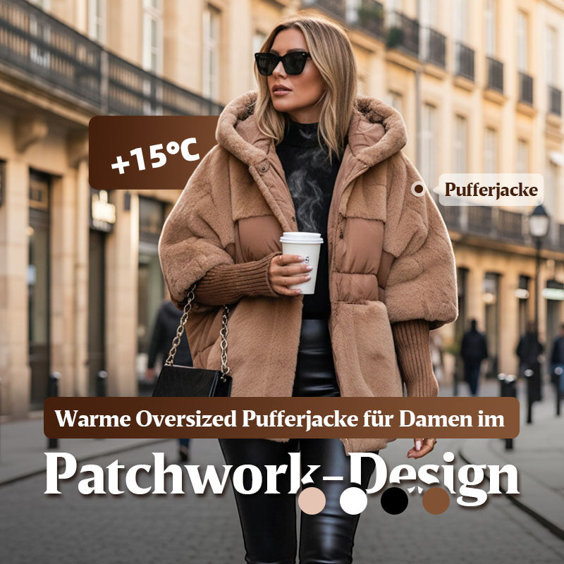 🔥Damen Oversized Pufferjacke mit Kapuze im Patchwork-Design🔥