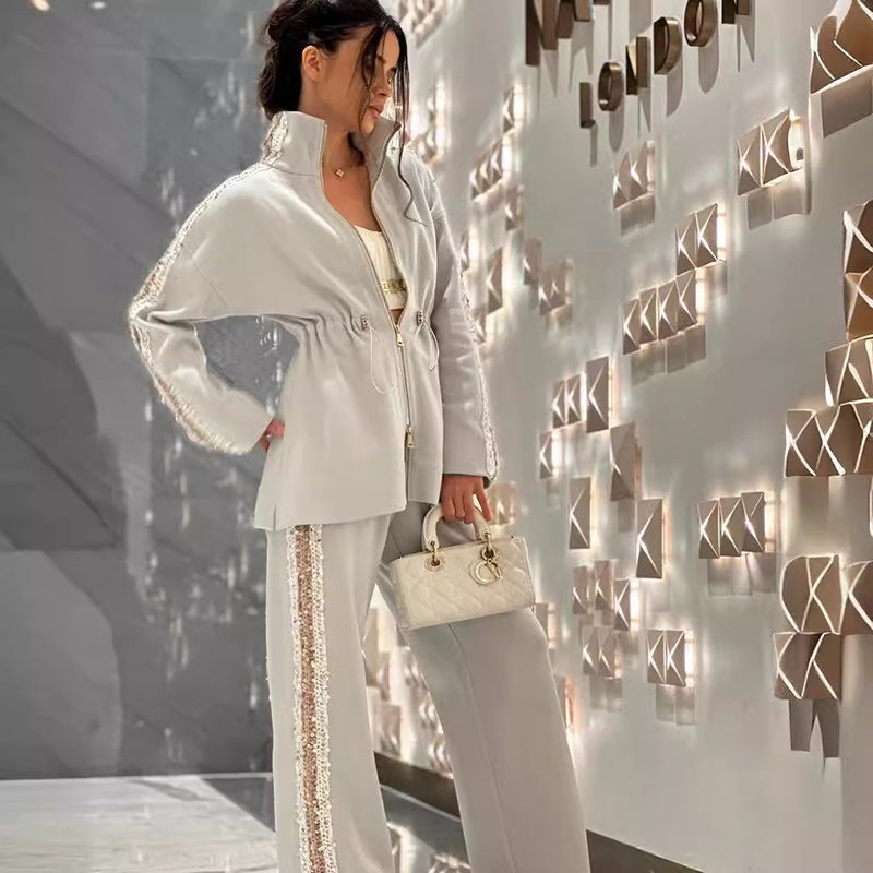 💖Limited Sale 50% OFF💖Women's Elegant Sequin-Trimmed Top and Wide-Leg Pants Set