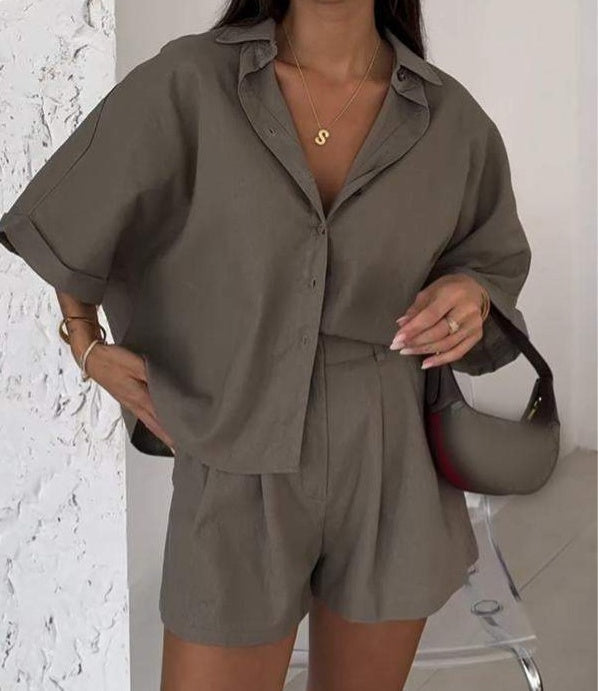 💖LAST DAY PROMOTION - 50%OFF💖 Women's Casual Lapel Top & High-Waisted Shorts Set – Effortless Style & Comfort!