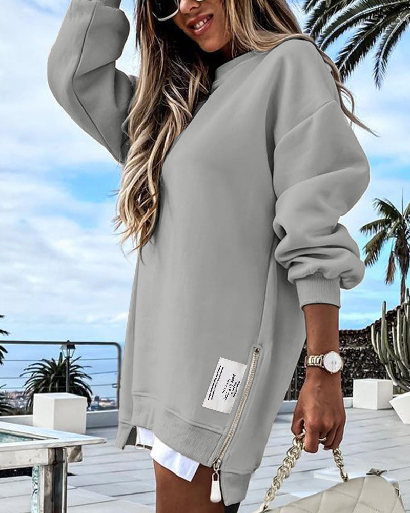 💖Limited Sale 50% OFF💖Long Sleeve Pullover Zipper Slit Casual Sweatshirt Dress