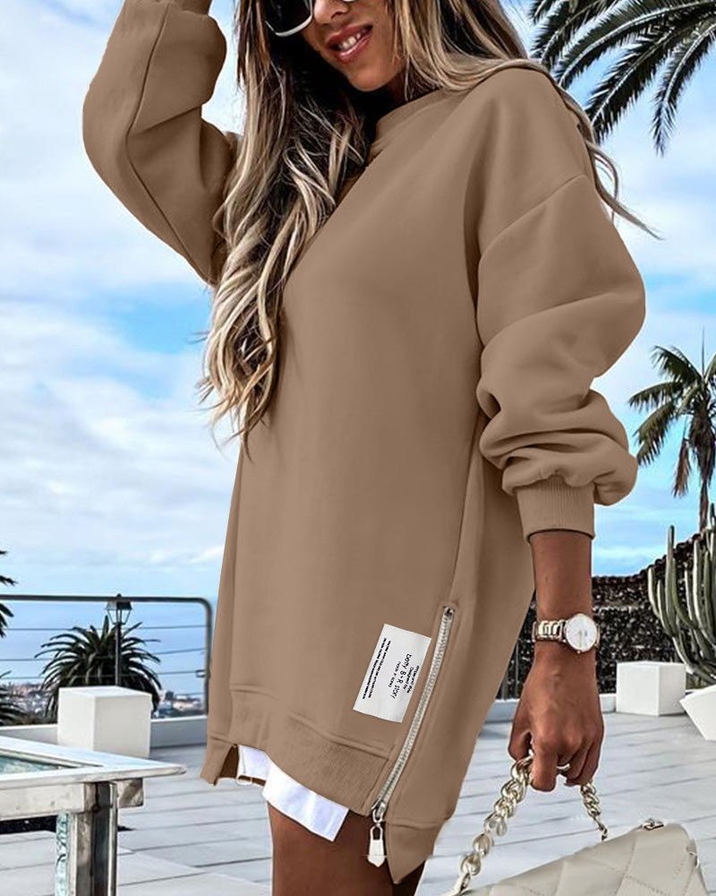 💖Limited Sale 50% OFF💖Long Sleeve Pullover Zipper Slit Casual Sweatshirt Dress