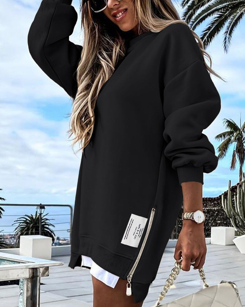 💖Limited Sale 50% OFF💖Long Sleeve Pullover Zipper Slit Casual Sweatshirt Dress