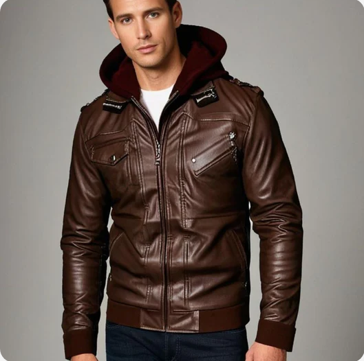 Herrenjacke aus PU-Leder mit Reißverschluss und Kapuze