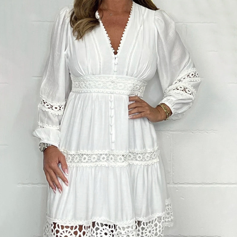 💖LAST DAY PROMOTION - 50%OFF💖Women's White Vintage Hollow Out Lace V-Neck Dress
