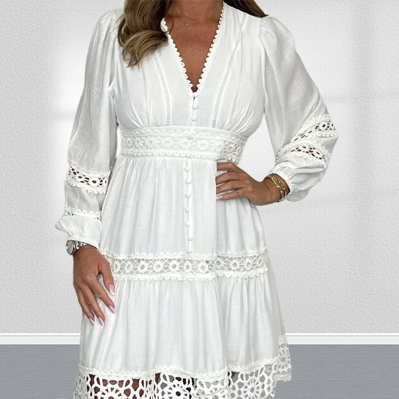 💖LAST DAY PROMOTION - 50%OFF💖Women's White Vintage Hollow Out Lace V-Neck Dress