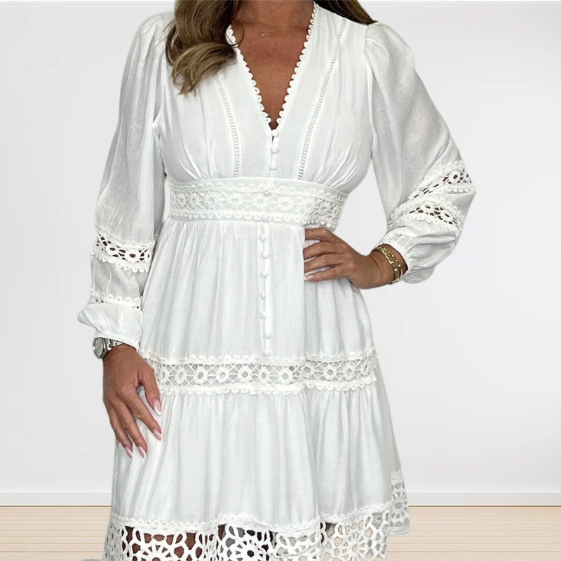 💖LAST DAY PROMOTION - 50%OFF💖Women's White Vintage Hollow Out Lace V-Neck Dress