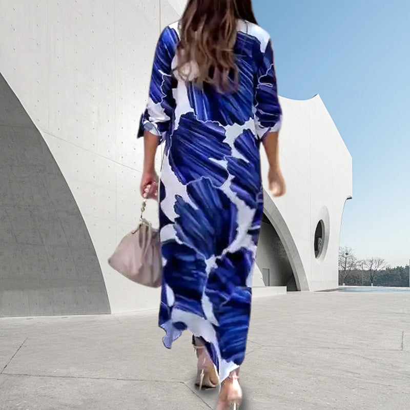 💖Limited Sale 50% OFF💖Floral Printed Long Sleeve Maxi Dress with Collar Flip