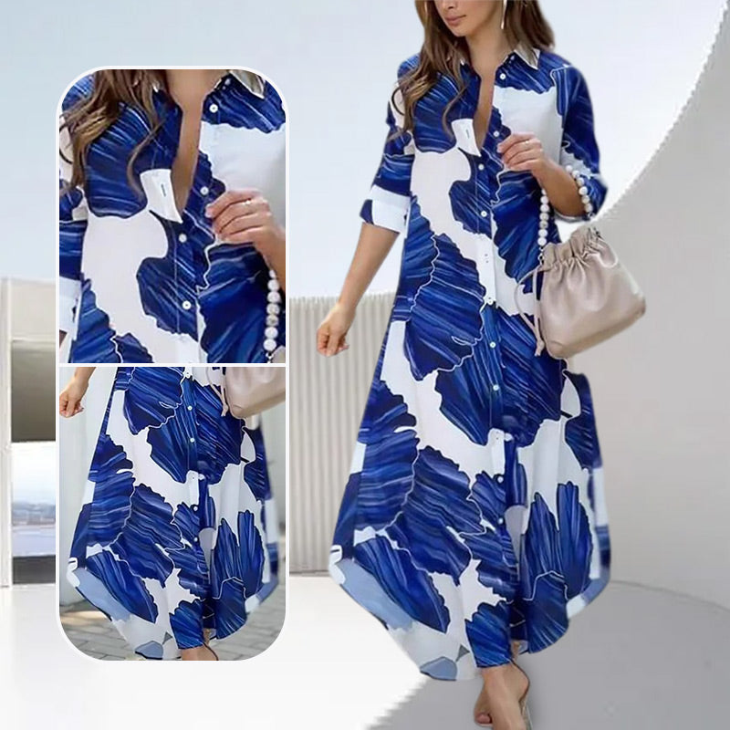 💖Limited Sale 50% OFF💖Floral Printed Long Sleeve Maxi Dress with Collar Flip