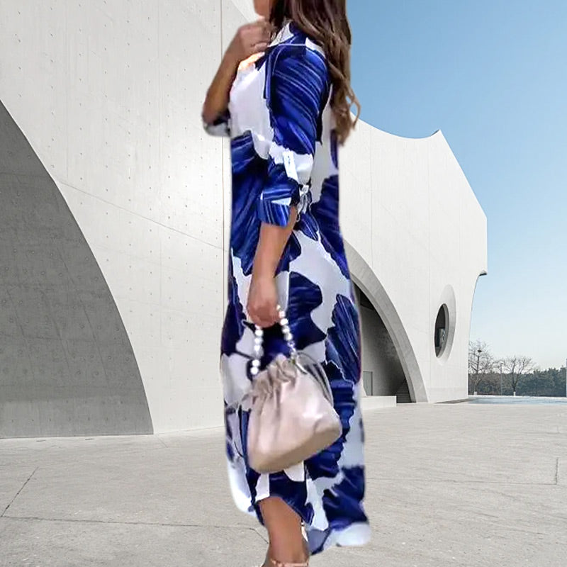 💖Limited Sale 50% OFF💖Floral Printed Long Sleeve Maxi Dress with Collar Flip