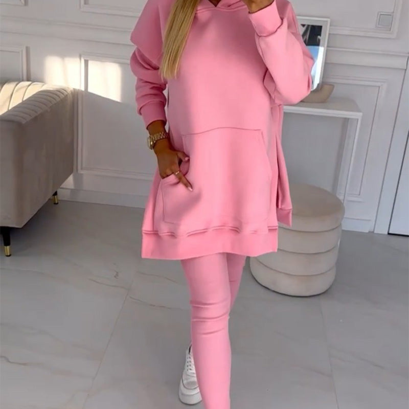 💖Limited Sale 50% OFF💖Women's Fashion Solid Color Hoodie And Lined Leggings Two-Piece Set