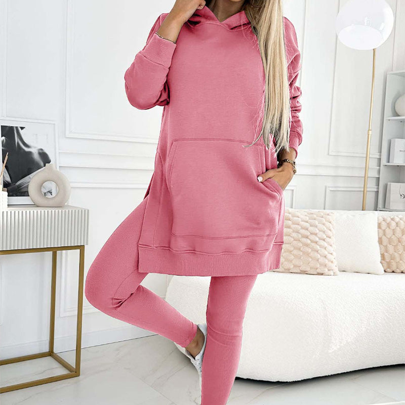 💖Limited Sale 50% OFF💖Women's Fashion Solid Color Hoodie And Lined Leggings Two-Piece Set