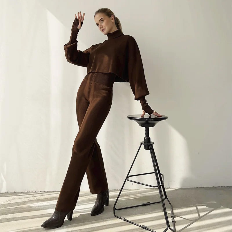 💖Limited Sale 50% OFF💖Women's Long-sleeve High Neck Crop Top and Pants Set