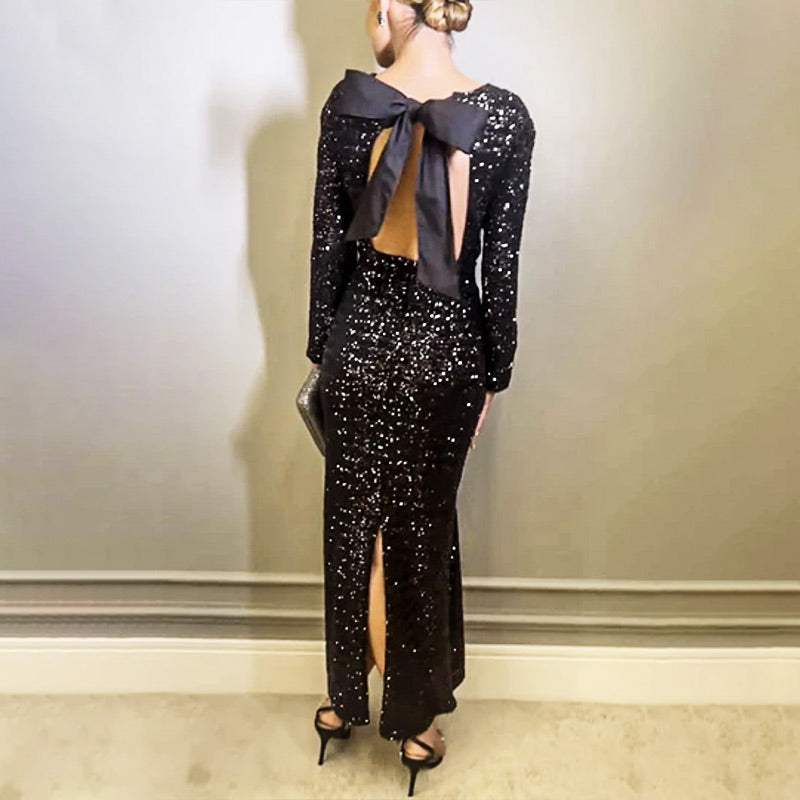 💖Limited Sale 50% OFF💖Sequined Bow Maxi Dress with Backless Split