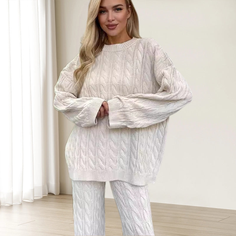 💖Limited Sale 50% OFF💖Solid Crew Neck Twist Textured Sweater & Pants Set