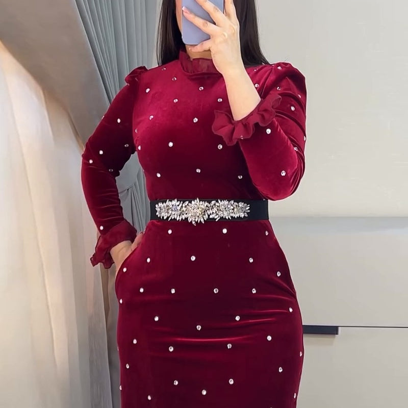 💖Limited Sale 50% OFF💖Women's Rhinestone Dress with Ruched Ruffle Hem【✈️free shipping 】
