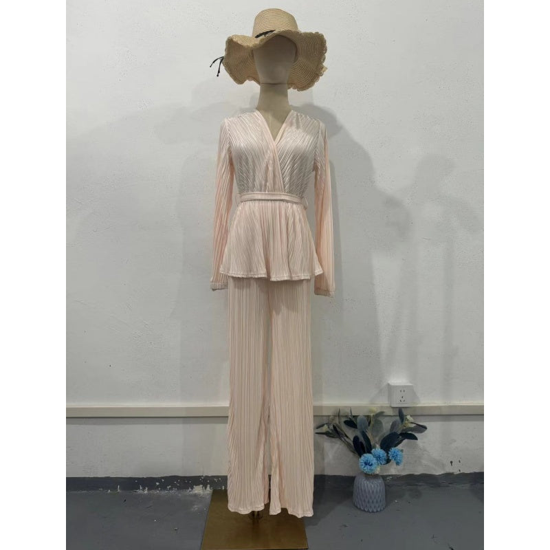 💖Limited Sale 50% OFF💖Stylish V-Neck Pleated Top and Loose Pants 2-Piece Set