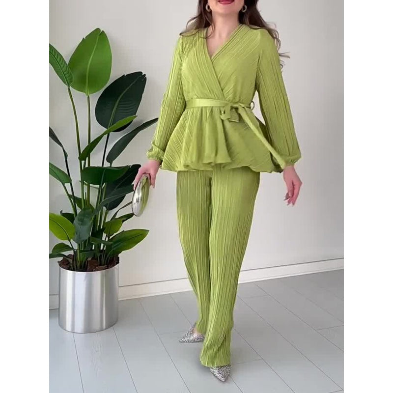 💖Limited Sale 50% OFF💖Stylish V-Neck Pleated Top and Loose Pants 2-Piece Set