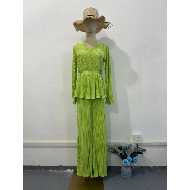 💖Limited Sale 50% OFF💖Stylish V-Neck Pleated Top and Loose Pants 2-Piece Set