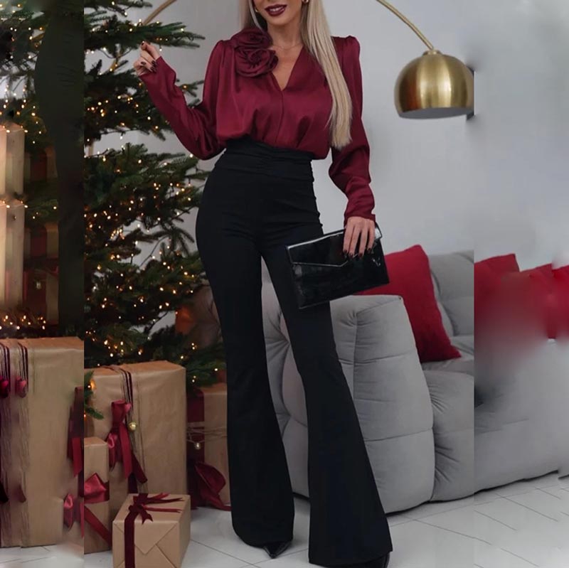 💖Limited Sale 50% OFF💖Women's Luxurious Satin V-neck Blouse with Rose Detail