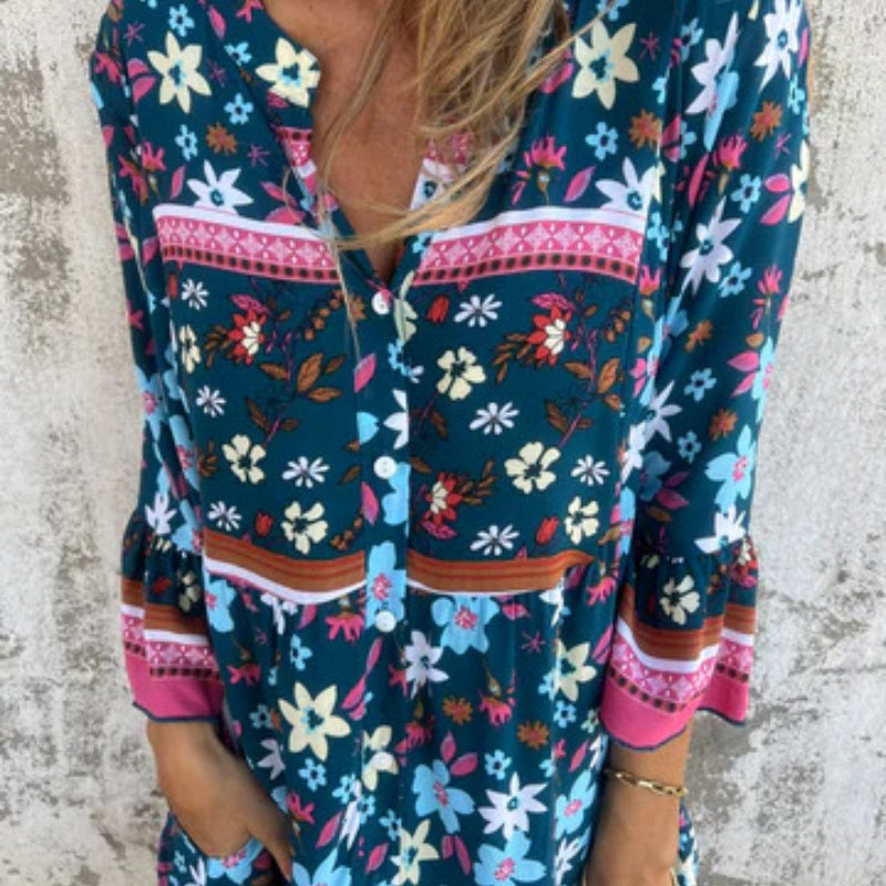 💕Limited Sale 50% OFF💕Casual Floral V-Neck Button Closure Dress