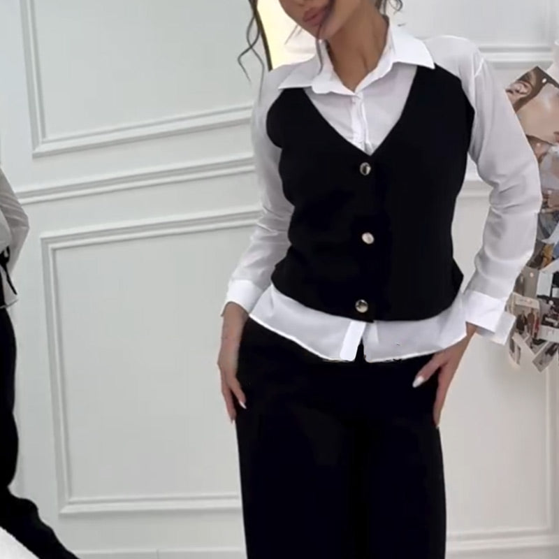 💖Limited Sale 50% OFF💖Women's Faux Two-Piece Shirt Vest & Pants Set
