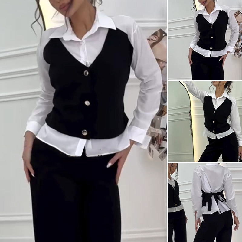 💖Limited Sale 50% OFF💖Women's Faux Two-Piece Shirt Vest & Pants Set
