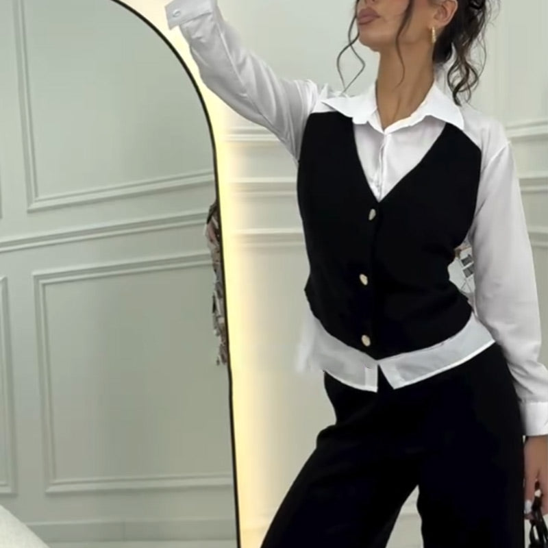 💖Limited Sale 50% OFF💖Women's Faux Two-Piece Shirt Vest & Pants Set