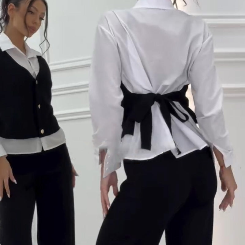 💖Limited Sale 50% OFF💖Women's Faux Two-Piece Shirt Vest & Pants Set