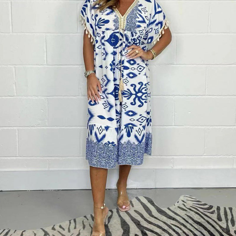 💖LAST DAY SALE 50% OFF💖Printed Casual Dress With V-Neckline and Fringes on the Short Sleeves