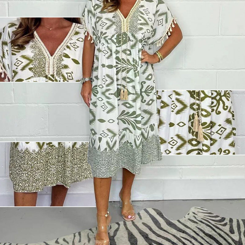💖LAST DAY SALE 50% OFF💖Printed Casual Dress With V-Neckline and Fringes on the Short Sleeves