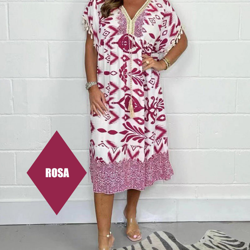 💖LAST DAY SALE 50% OFF💖Printed Casual Dress With V-Neckline and Fringes on the Short Sleeves