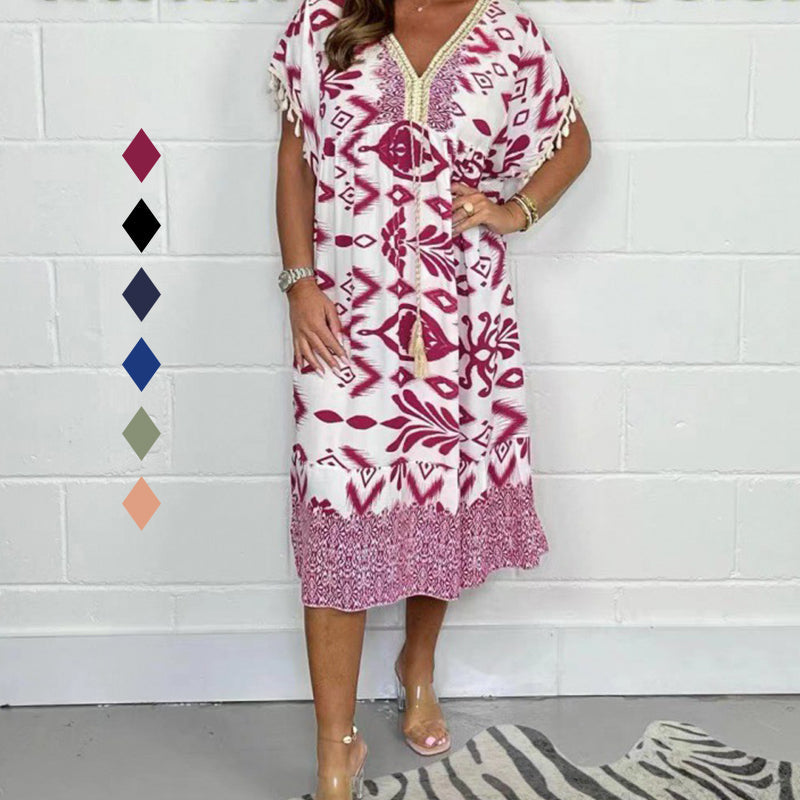 💖LAST DAY SALE 50% OFF💖Printed Casual Dress With V-Neckline and Fringes on the Short Sleeves