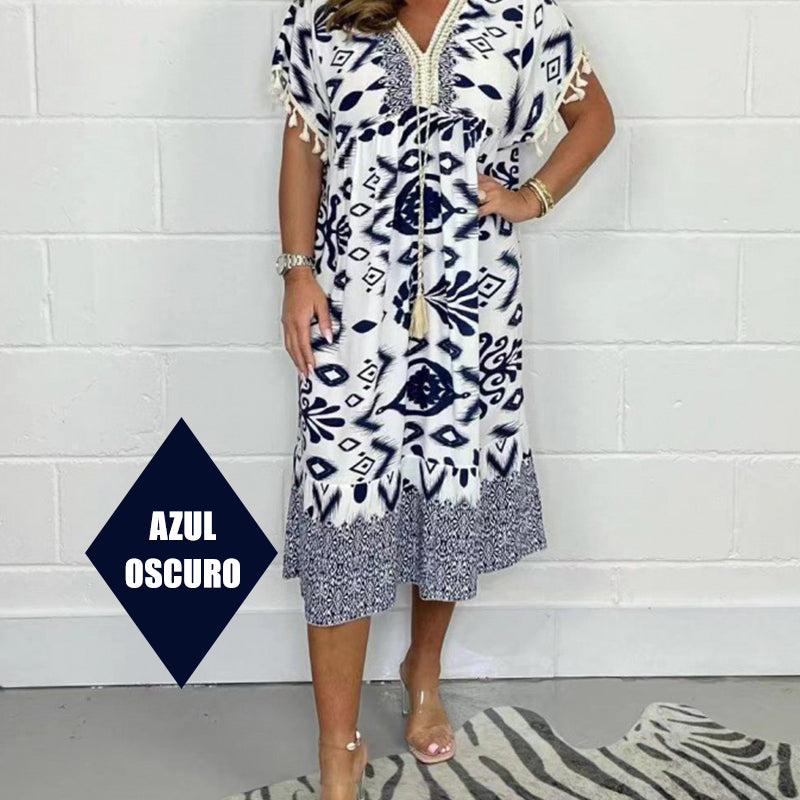 💖LAST DAY SALE 50% OFF💖Printed Casual Dress With V-Neckline and Fringes on the Short Sleeves
