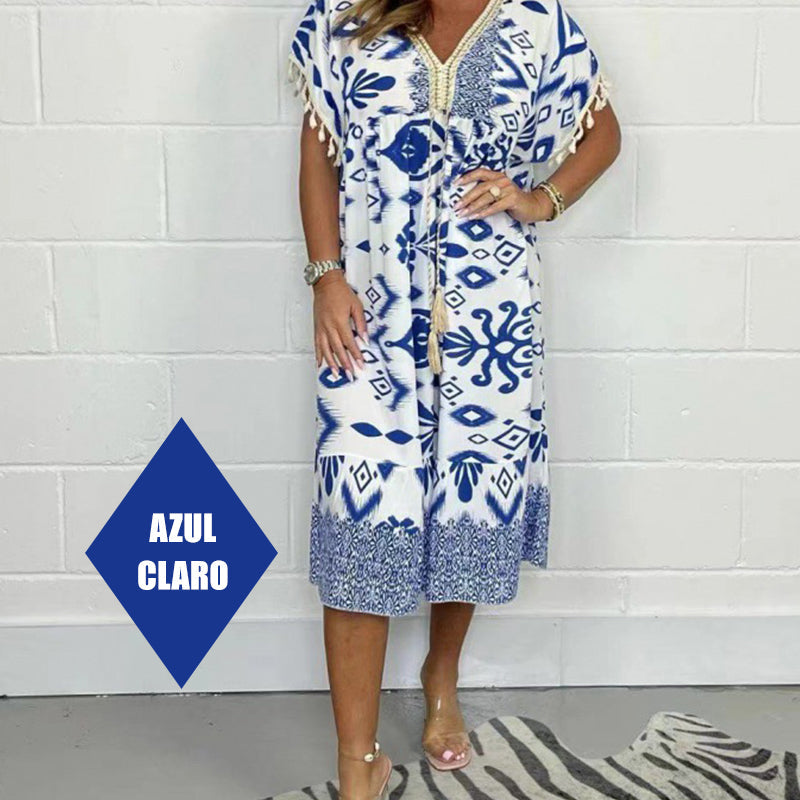 💖LAST DAY SALE 50% OFF💖Printed Casual Dress With V-Neckline and Fringes on the Short Sleeves