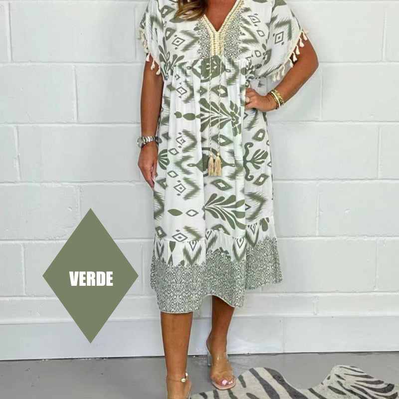 💖LAST DAY SALE 50% OFF💖Printed Casual Dress With V-Neckline and Fringes on the Short Sleeves