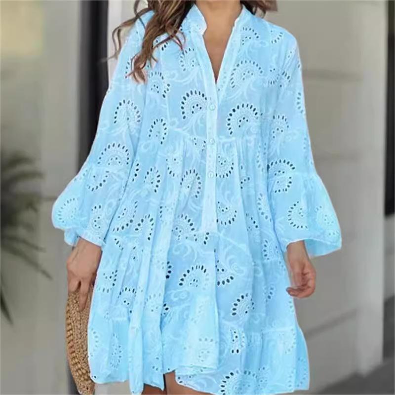 💕Limited Sale 50% OFF💕Solid Color V-Neck Loose Hollow Out Dress
