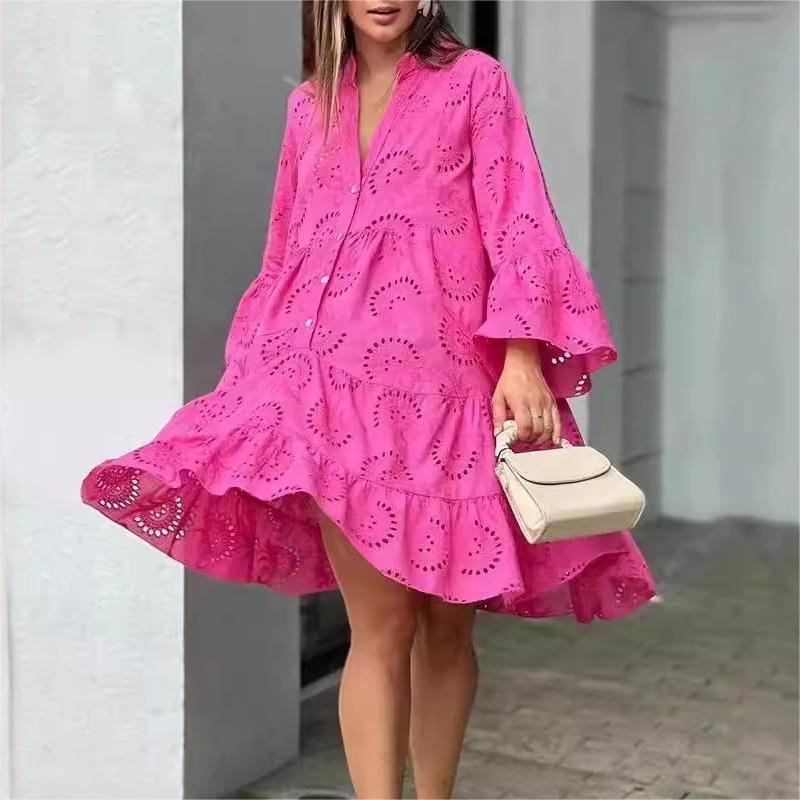 💕Limited Sale 50% OFF💕Solid Color V-Neck Loose Hollow Out Dress