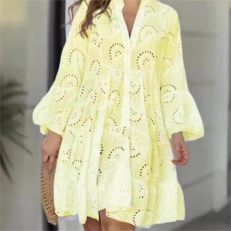 💕Limited Sale 50% OFF💕Solid Color V-Neck Loose Hollow Out Dress