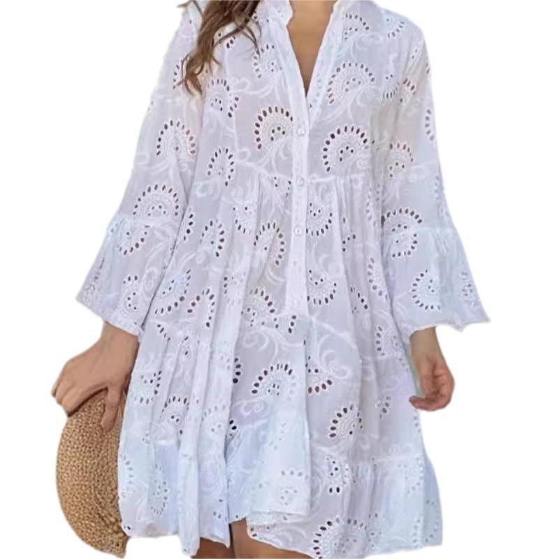 💕Limited Sale 50% OFF💕Solid Color V-Neck Loose Hollow Out Dress