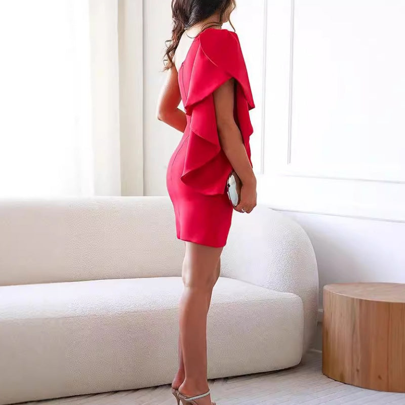 💖Limited Sale 50% OFF💖Women's One Shoulder Ruffle Sleeve Cocktail Dress