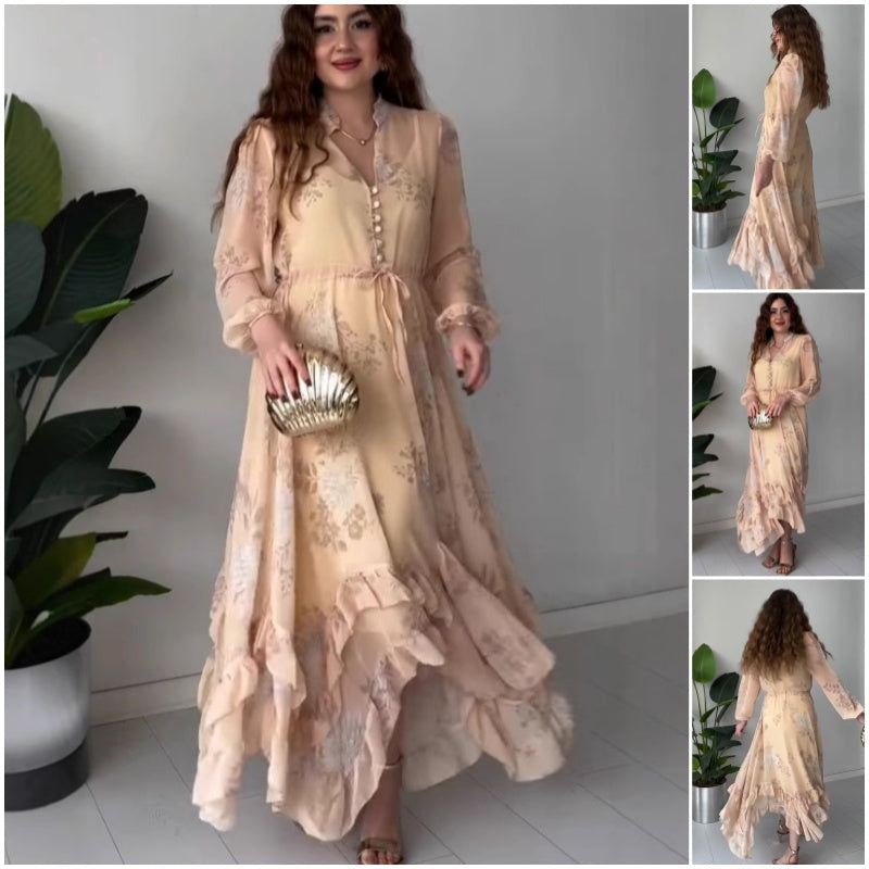 💖Limited Sale 50% OFF💖Women's Elegant Mesh Long-Sleeve Floral Drawstring Dress