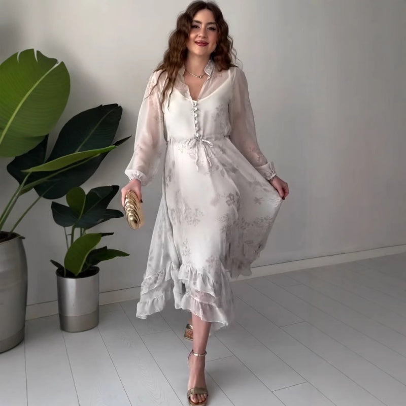 💖Limited Sale 50% OFF💖Women's Elegant Mesh Long-Sleeve Floral Drawstring Dress