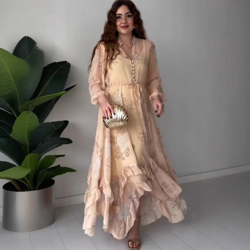 💖Limited Sale 50% OFF💖Women's Elegant Mesh Long-Sleeve Floral Drawstring Dress