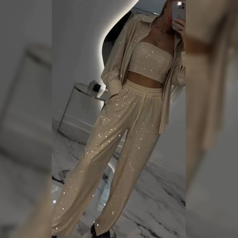 💕Limited Time 50% Off💕Women's Sequin Blazer & Wide-Leg Pants (3-Piece Set)