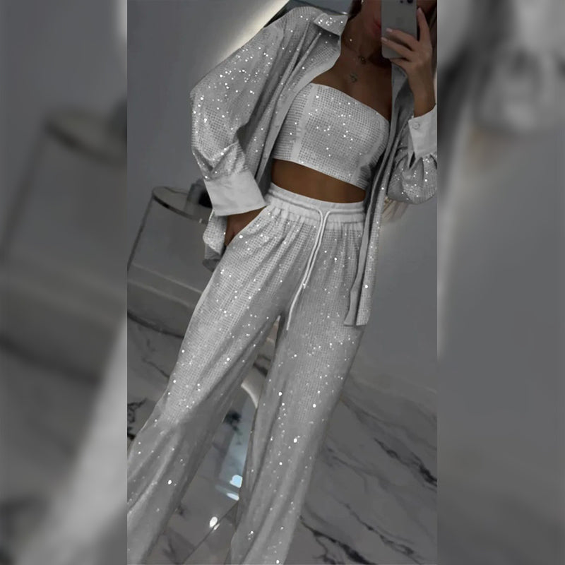💕Limited Time 50% Off💕Women's Sequin Blazer & Wide-Leg Pants (3-Piece Set)