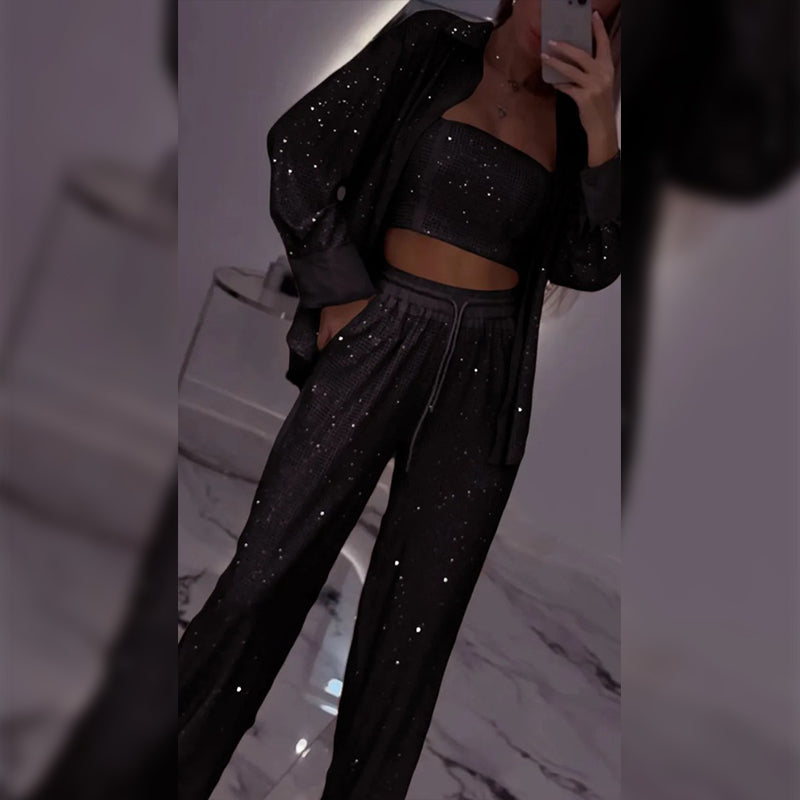💕Limited Time 50% Off💕Women's Sequin Blazer & Wide-Leg Pants (3-Piece Set)