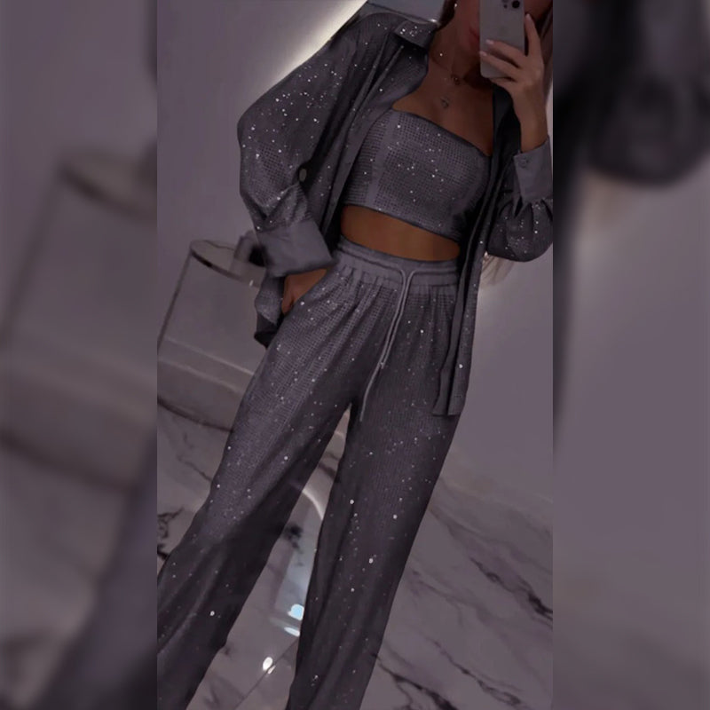 💕Limited Time 50% Off💕Women's Sequin Blazer & Wide-Leg Pants (3-Piece Set)