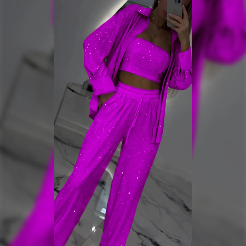 💕Limited Time 50% Off💕Women's Sequin Blazer & Wide-Leg Pants (3-Piece Set)