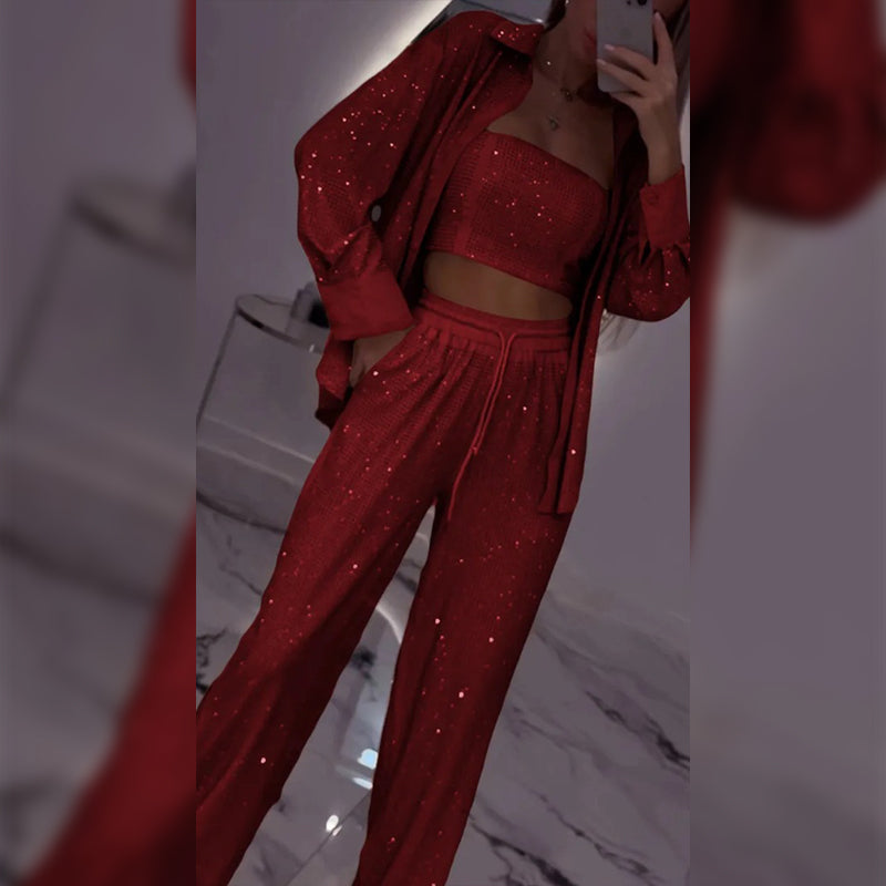 💕Limited Time 50% Off💕Women's Sequin Blazer & Wide-Leg Pants (3-Piece Set)