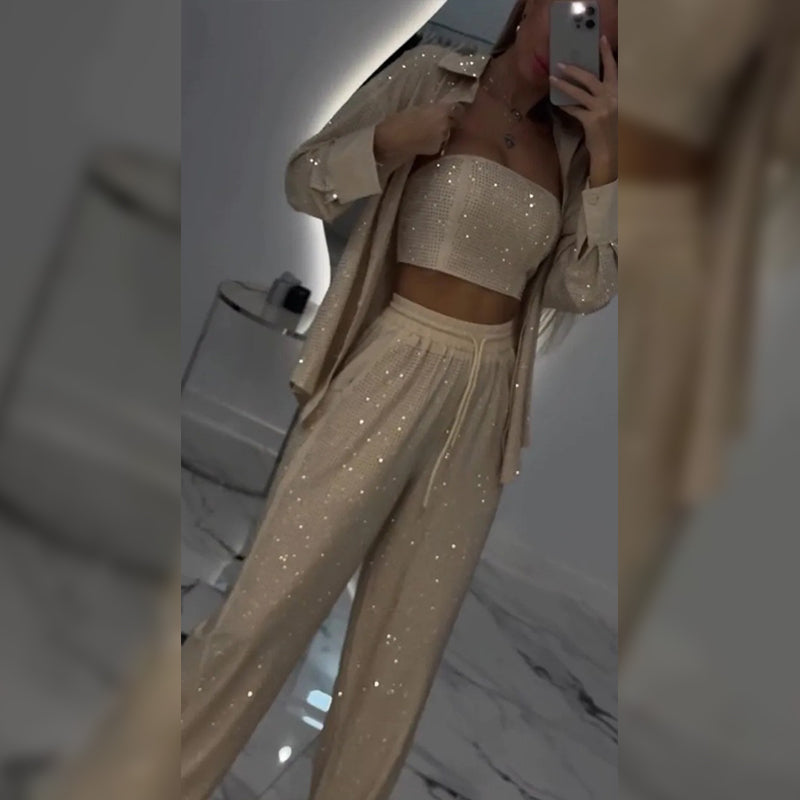 💕Limited Time 50% Off💕Women's Sequin Blazer & Wide-Leg Pants (3-Piece Set)